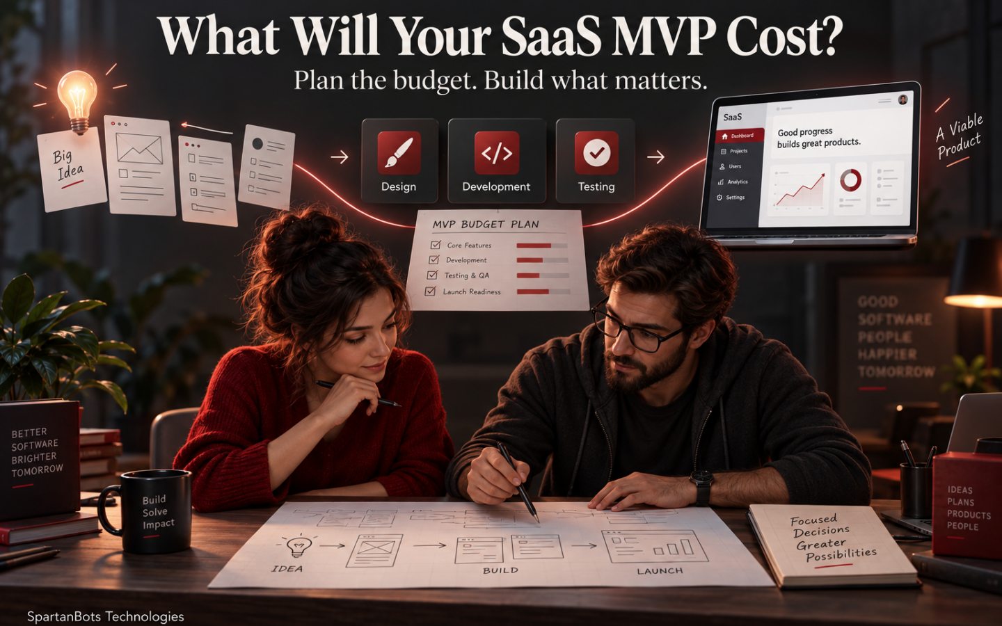 Founder and engineer planning a SaaS MVP budget, illustrating the journey from idea through design, development, and testing to launch.