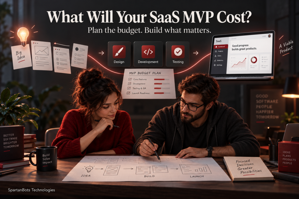 Founder and engineer planning a SaaS MVP budget, illustrating the journey from idea through design, development, and testing to launch.