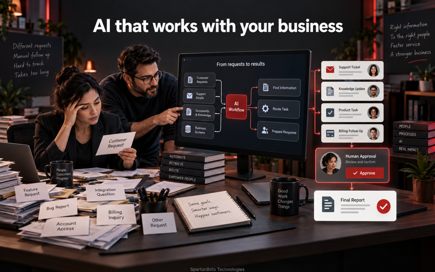 An engineer helps a business team turn scattered requests into an AI workflow with human approval.