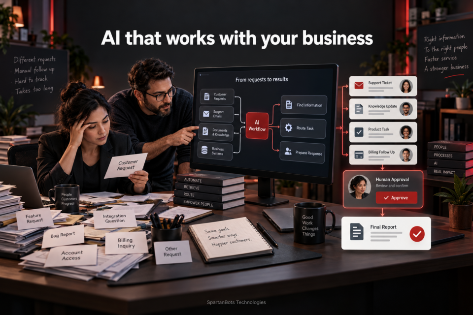 An engineer helps a business team turn scattered requests into an AI workflow with human approval.