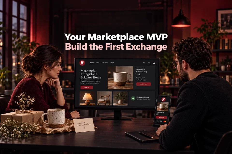 Product team reviewing a marketplace MVP with product listings, mobile checkout, and an order confirmation.