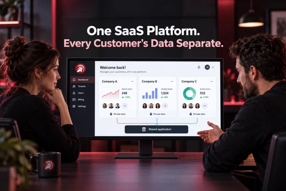 Team reviewing three separate customer workspaces within a shared SaaS application.