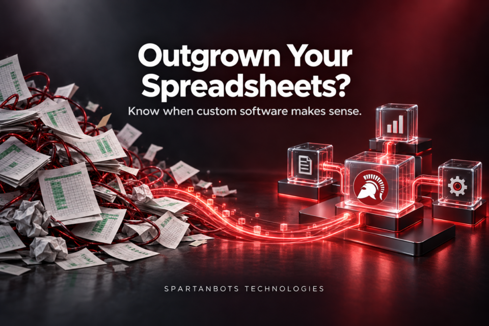 Tangled spreadsheets transform into connected business workflows featuring the SpartanBots logo.