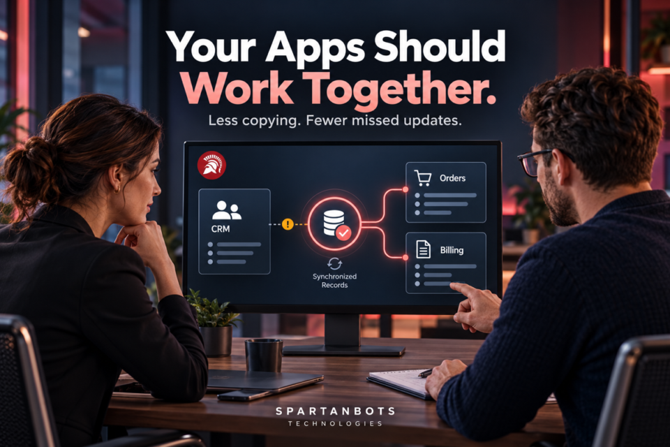 Two professionals review connections between customer records, orders, and billing on a SpartanBots-branded software dashboard.