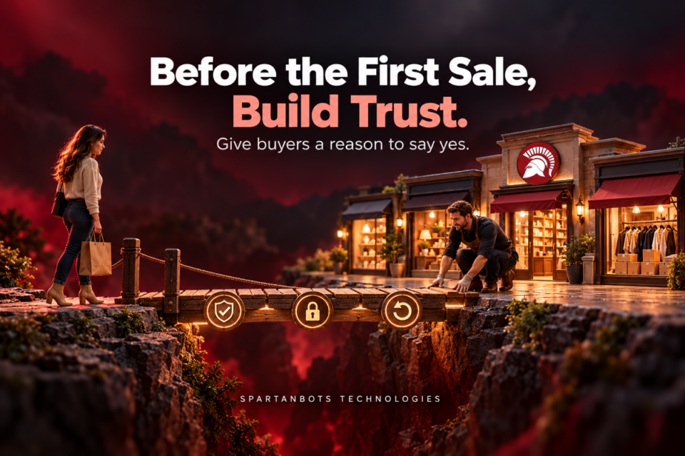 A founder completes a bridge between a hesitant buyer and a marketplace, with symbols for verification, payment security, and returns.