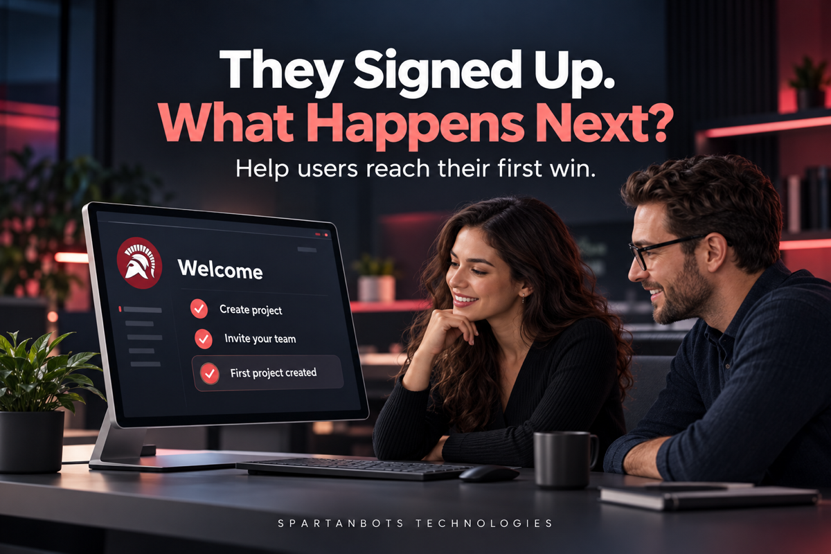 Two professionals review a SaaS onboarding dashboard showing a successfully created first project, with SpartanBots branding.