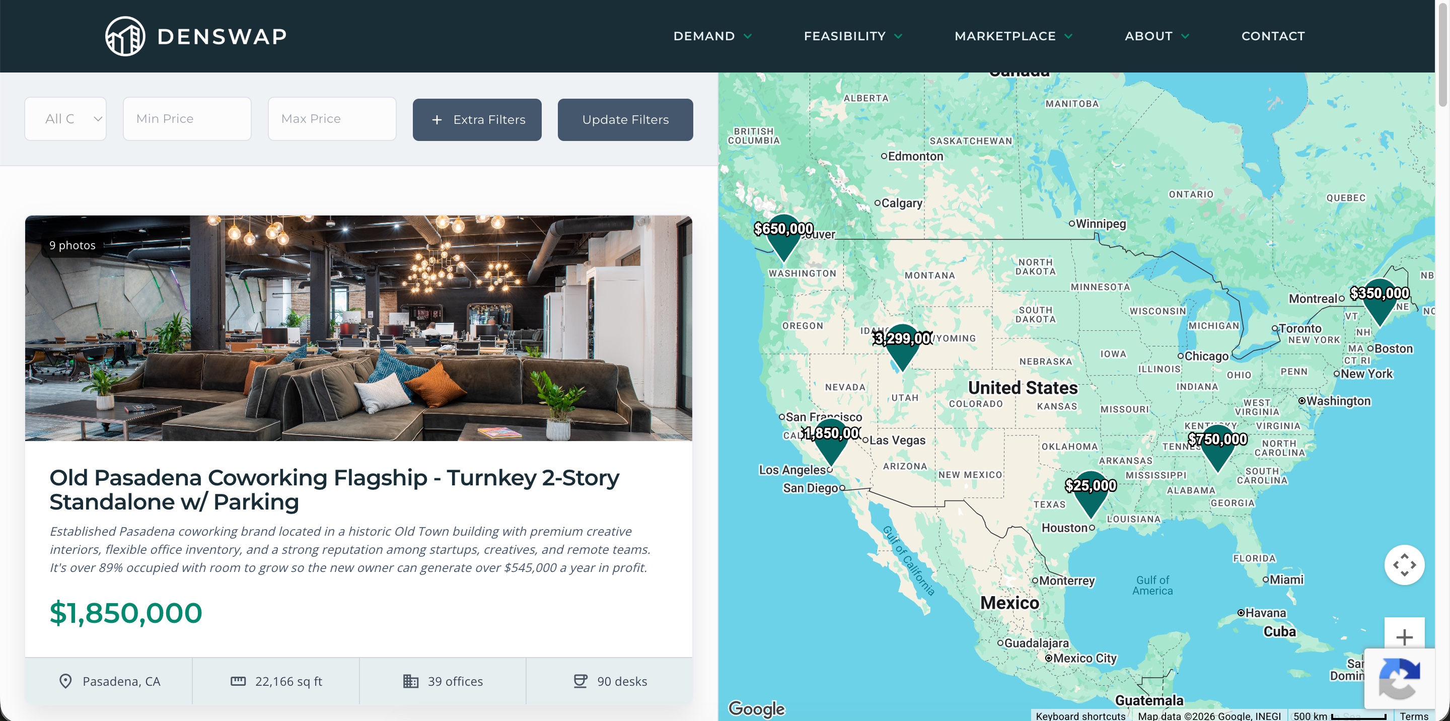 DenSwap marketplace showing a Pasadena coworking listing, price filters, and a map of listings across North America.
