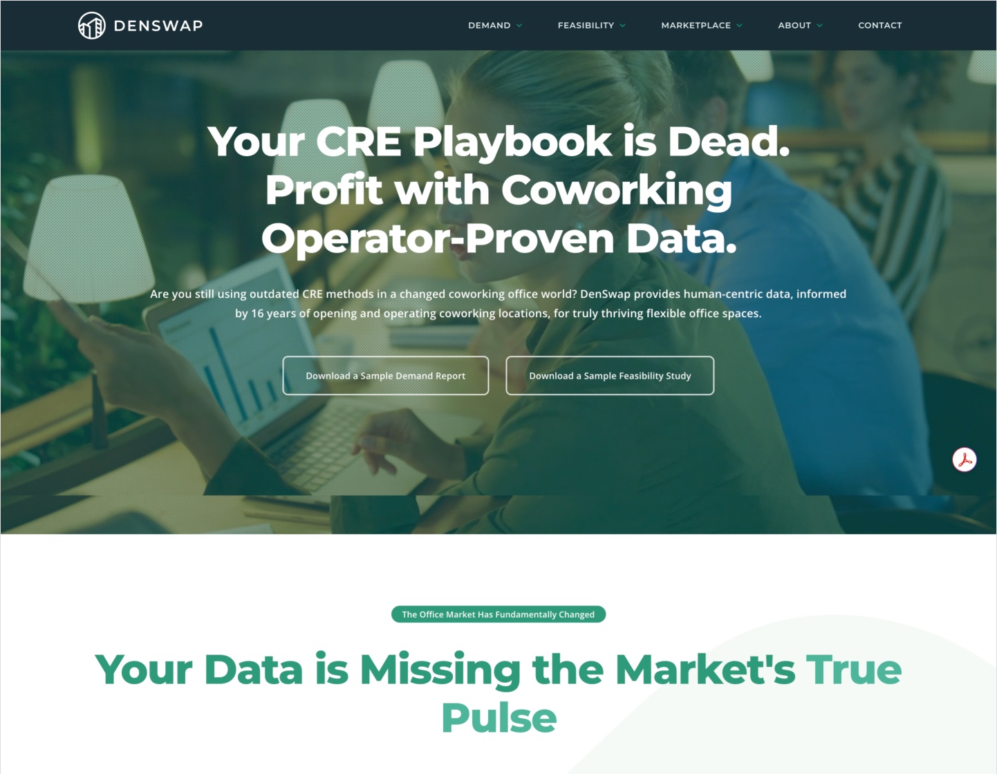 DenSwap website introducing coworking data, demand reports, and feasibility studies.