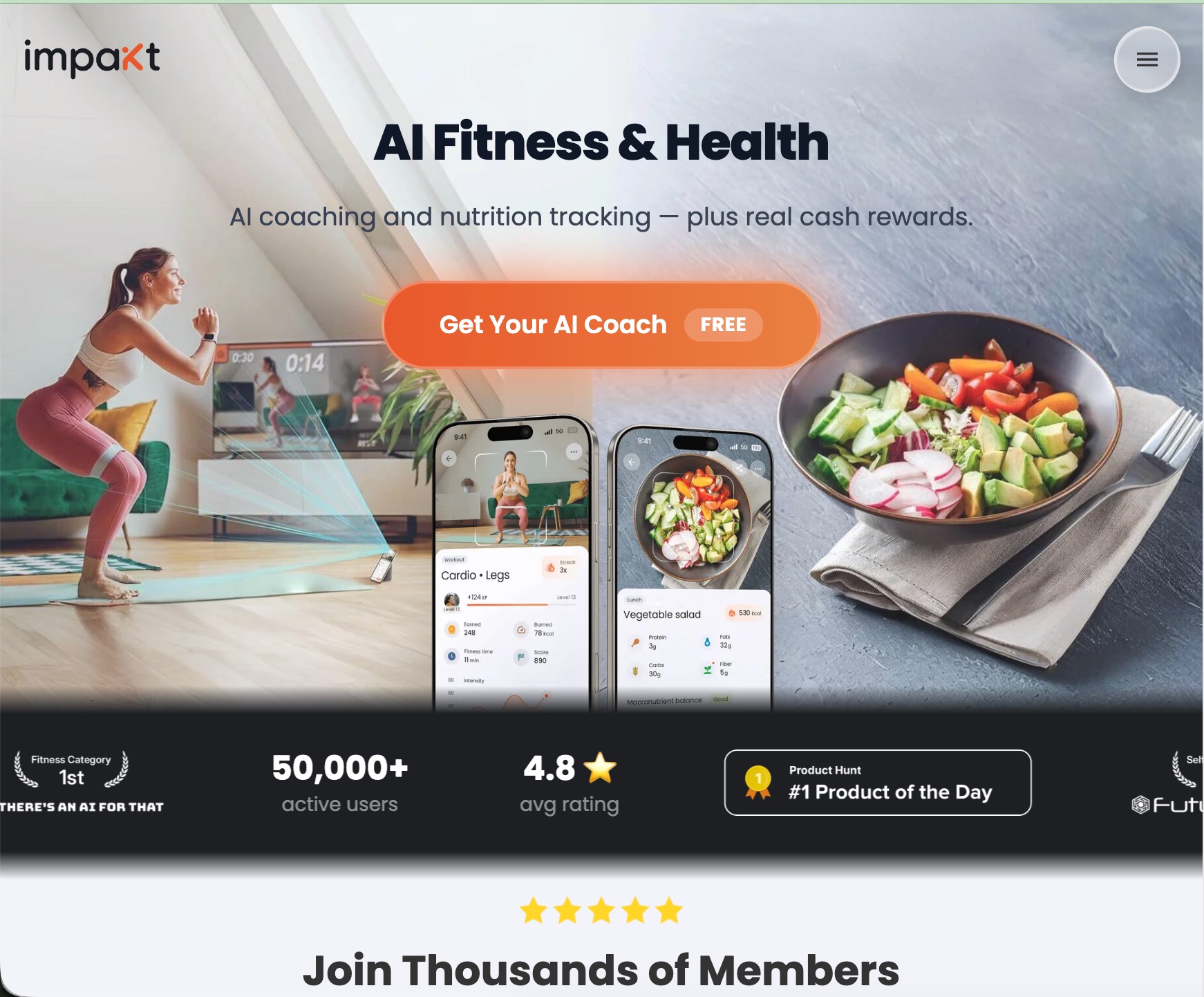 IMPAKT website presenting AI fitness coaching and nutrition tracking with workout and mobile app imagery.