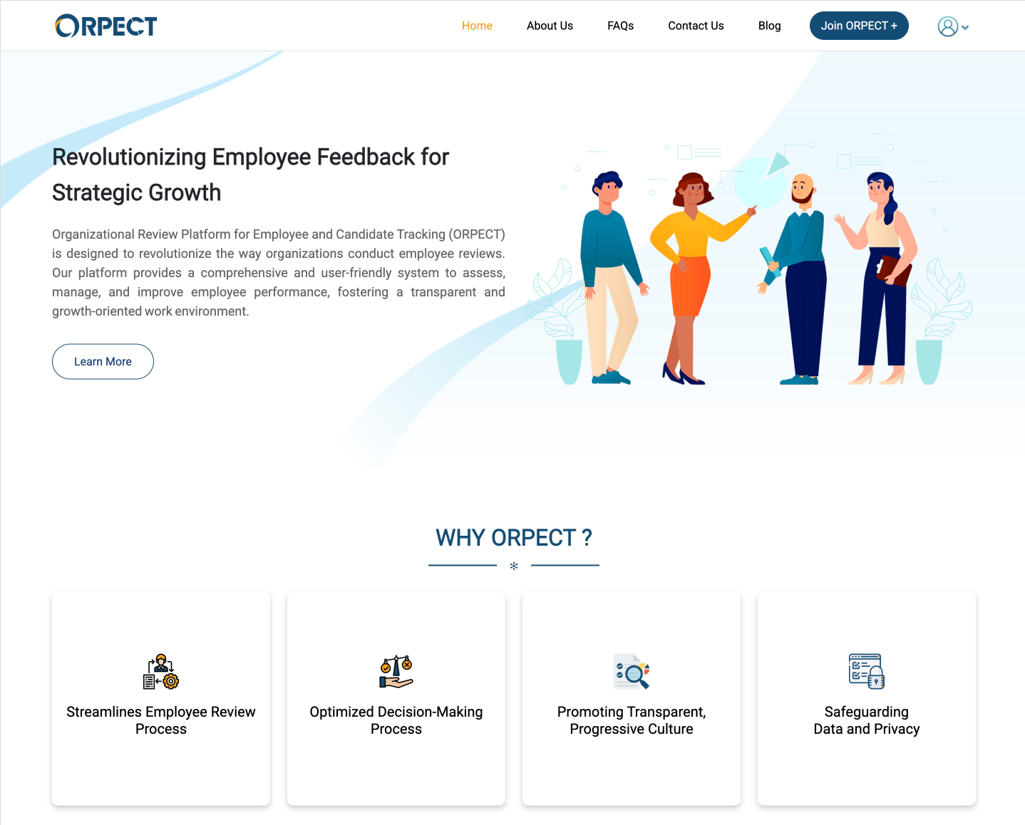 ORPECT’s website introduces employee review workflows, decision support, and privacy-focused positioning.